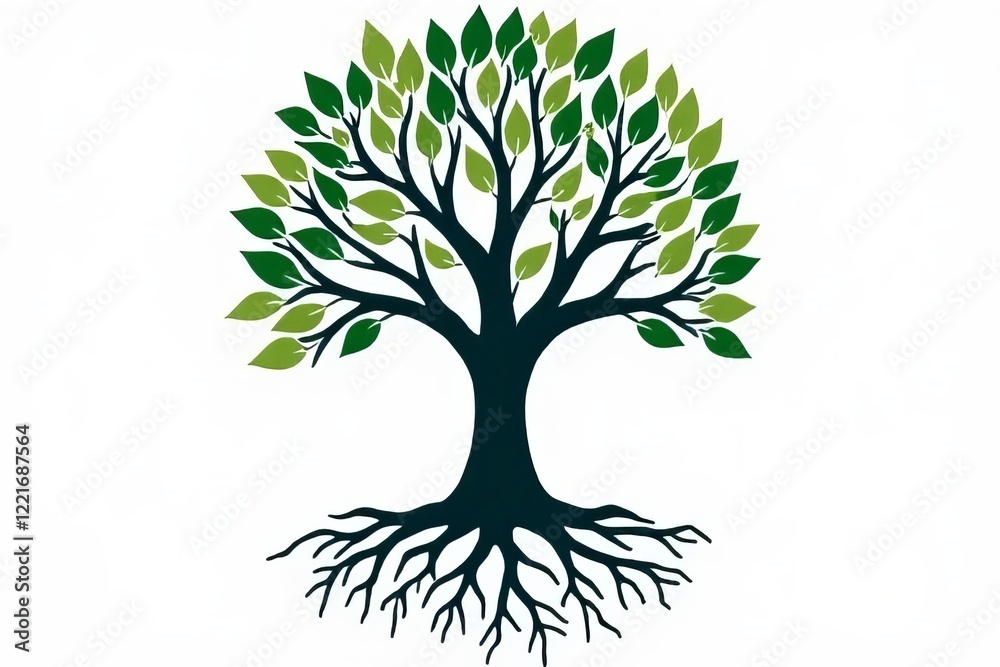 Naklejka premium A stylized tree with green leaves and dark roots, symbolizing growth, nature, and connection to the earth.