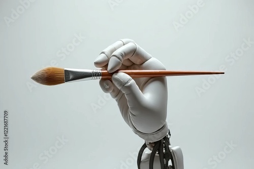 A robotic hand holds a paintbrush, symbolizing the intersection of technology and art in creative expression.