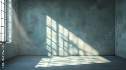 An empty room featuring a concrete wall and a substantial window illuminated by a radiant ray of light streaming through the window. Radiant Falls. Illustration