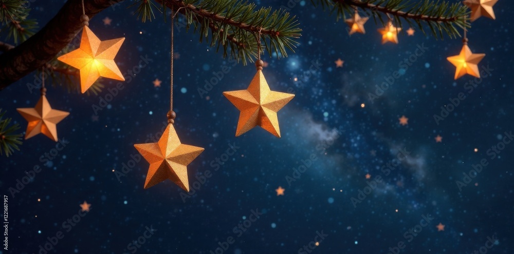 Fototapeta premium Hanging golden stars against dark sky, star, celestial, constellation