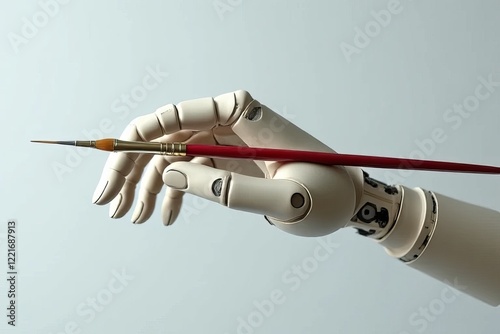A robotic hand holds a paintbrush, showcasing the intersection of art and technology.