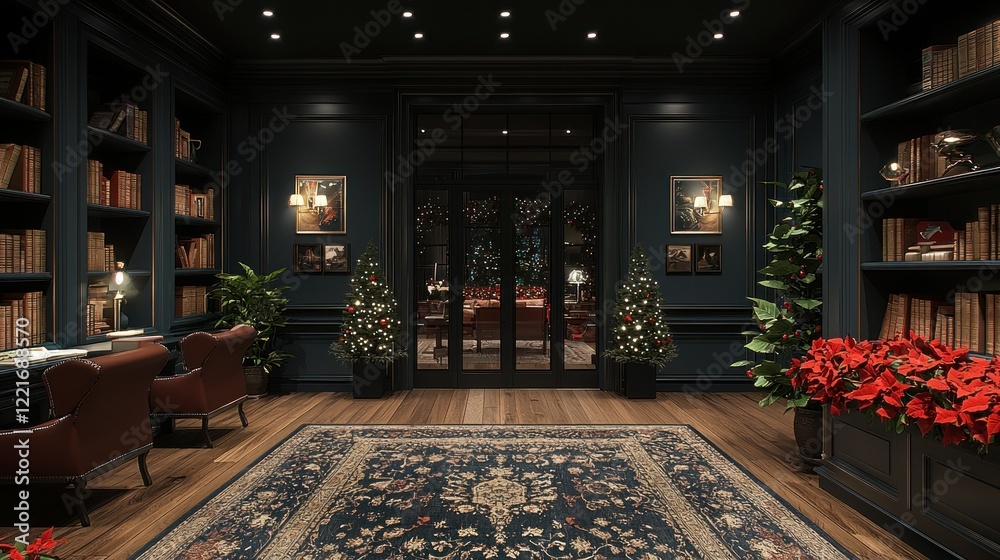 Obraz premium Elegant Christmas Library Interior Design: A Luxurious Festive Setting