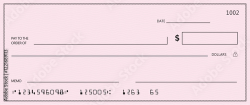 Red Bank check, vector blank money cheque, checkbook template with guilloche pattern and fields. Currency payment coupon, money check background