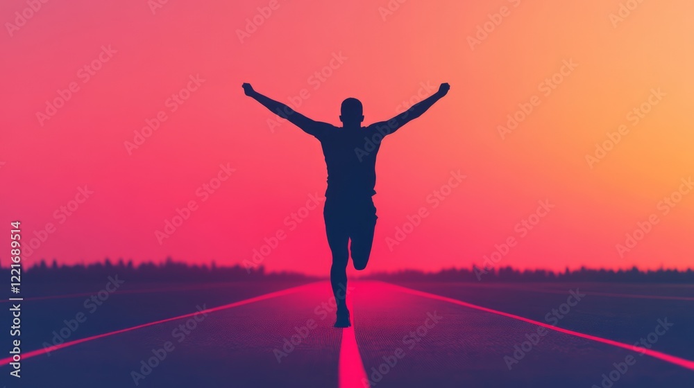 Fototapeta premium Silhouette of a Determined Athlete Celebrating Victory with Outstretched Arms on a Bright Sunrise Horizon Over a Clear Track, Epitomizing Resilience and Achievement