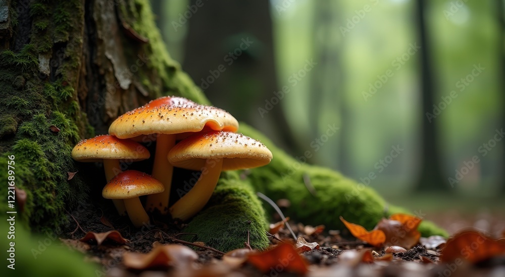 Fototapeta premium Three mushrooms that are growing out of the moss