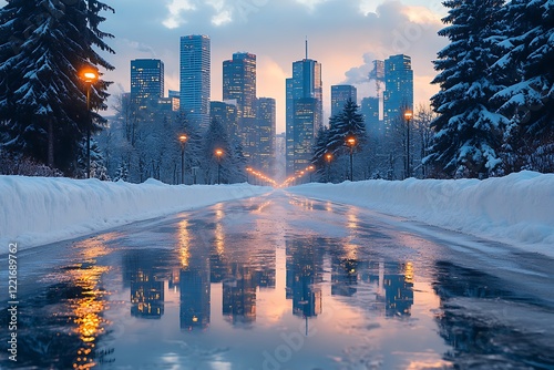 Winter cityscape reflected in a snowy city street photo