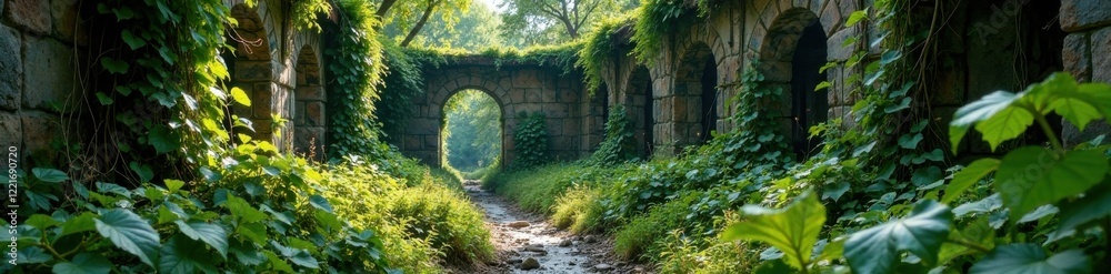 Overgrown ruin with vines and moss, abandoned, overgrown, exotic leaves Overgrown ruin with vines and moss, abandoned, overgrown, exotic leaves