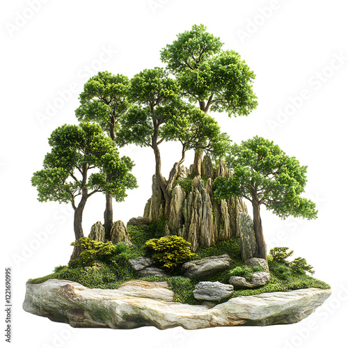 PNG Miniature Green Tree Landscape, A Stunning Bonsai-Style Design, Against Transparent Background photo