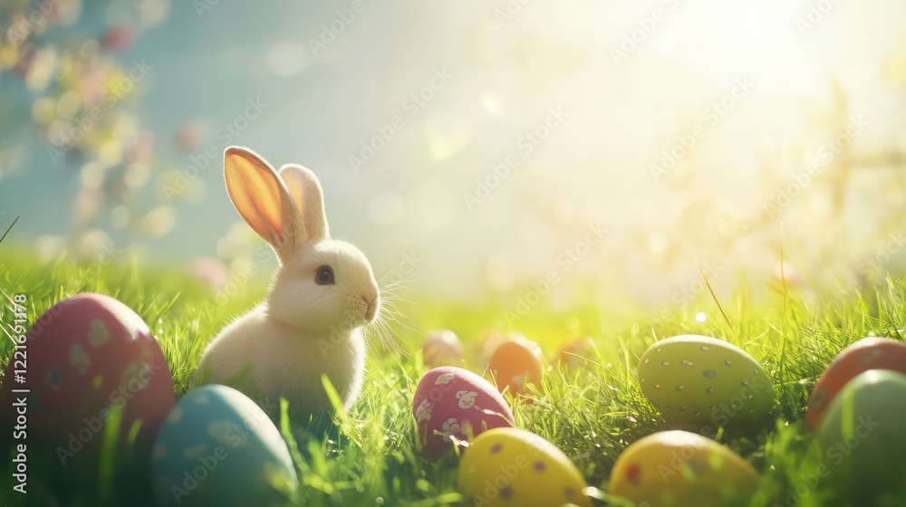 Fototapeta premium Bunny surrounded by colorful Easter eggs on grass with sunlight shining in the background, perfect for spring greetings