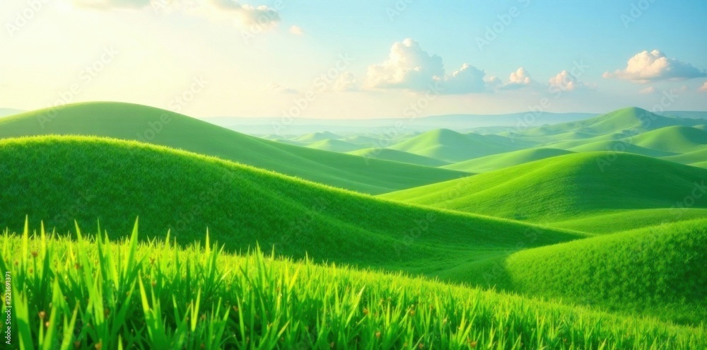 Rolling hillscape with blades of grass, realistic, bright green Rolling hillscape with blades of grass, realistic, bright green