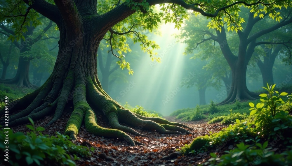 Obraz premium Earthy landscape with misty forest, ancient tree roots , natural, earthy