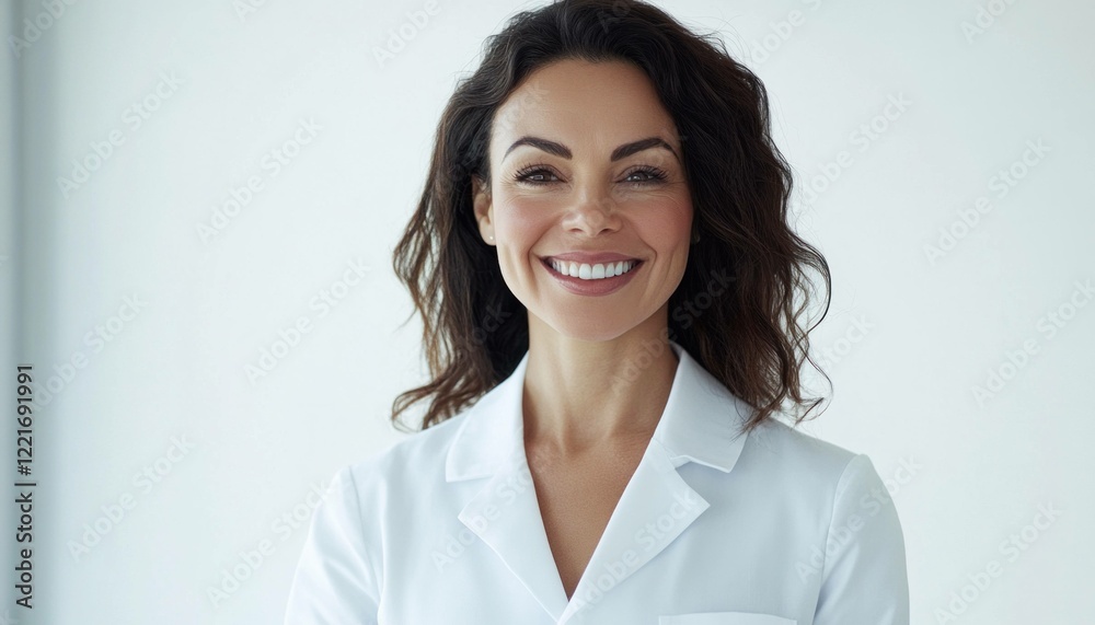 Smiling female healthcare professional in a white lab coat, representing confidence and care in a modern clinical setting with a light background Smiling female healthcare professional in a white lab coat, representing confidence and care in a modern clinical setting with a light background