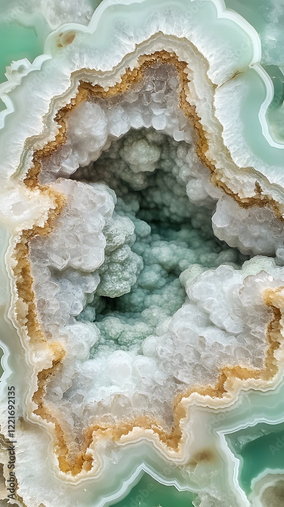 Fototapeta premium Geode Cross-Section with Light Green Crystal Clusters and Concentric Bands
