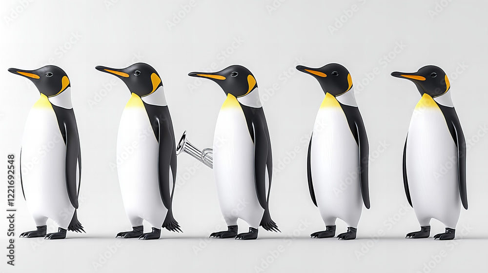 Fototapeta premium Multiple cartoon penguins in a whimsical line-up showcasing playful interactions