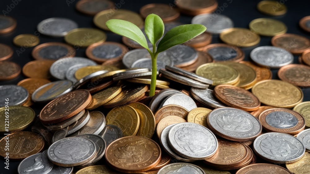 A small green sprout emerging from a mound of mixed coins, symbolizing growth and prosperity in finance. A small green sprout emerging from a mound of mixed coins, symbolizing growth and prosperity in finance.