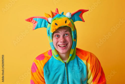 Dragon Costume for Young Male Enjoying Carnival Celebrations in a Tacky and Playful Outfit with Joyful Smile photo