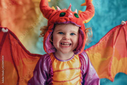 Dragon Costume for Girl with Smiling Child Celebrating Carnival on a Playful and Colorful Background photo