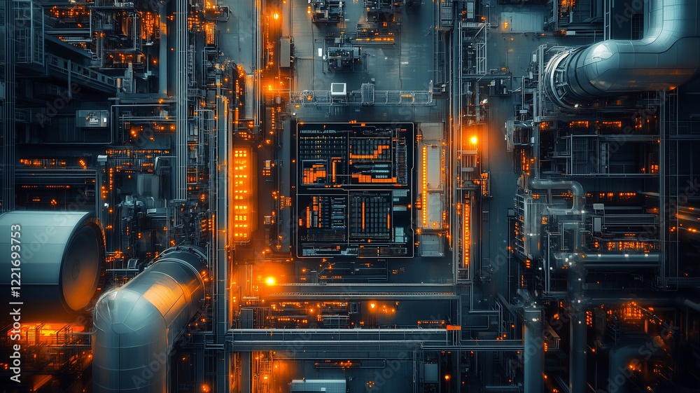 Aerial View of Illuminated Industrial Complex at Night