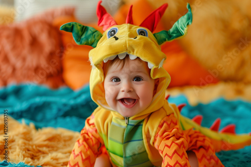 Baby Dragon Costume for Kids Celebrating Carnival and Birthdays with Joyful and Happy Smiling Baby photo