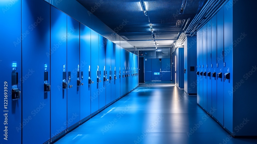 Obraz premium Long perspective corridor of blue lockers with glowing light and shadow in the area