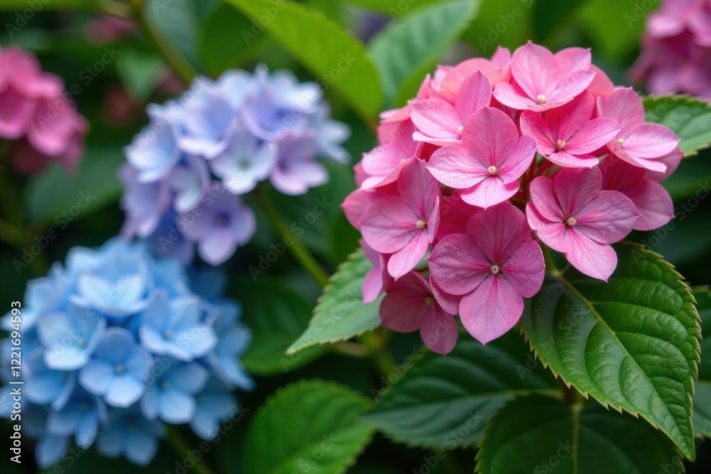 Hydrangea blooms in garden with colorful flowers , garden flowers, outdoor Hydrangea blooms in garden with colorful flowers , garden flowers, outdoor
