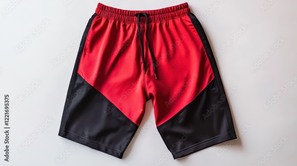 Red and black training shorts laying flat on a white background, showcasing athletic apparel for sports and fitness Red and black training shorts laying flat on a white background, showcasing athletic apparel for sports and fitness