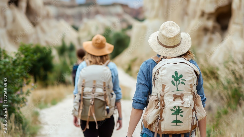 Eco Tourism concept Friends hiking in a scenic landscape Eco Tourism concept Friends hiking in a scenic landscape