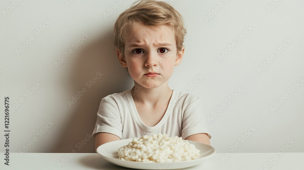 Sad child with a plate of rice, expressing disappointment and possible food allergy concept.