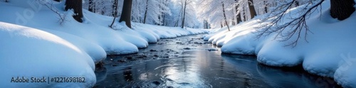 Icy stream babbles quietly through snow-covered trees, quiet, ice photo