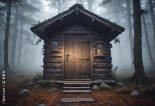 Spooky old cabin in the woods with misty atmosphere and creaking wooden door, woods, creak