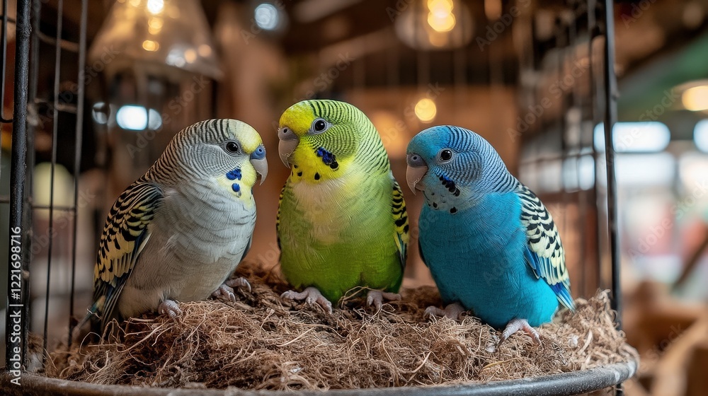 Obraz premium Photo of a blue and green budgie in a cage, with another parakeet sitting on its back, all three birds looking at each other curiously