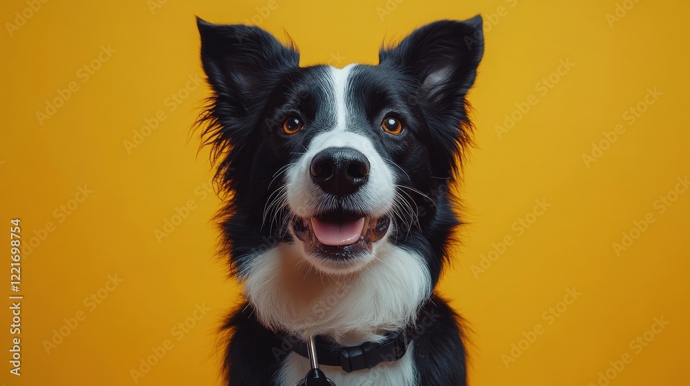 Fototapeta premium Photograph of a black and white border collie with a stethoscope in its mouth, set against a yellow background in a studio setting.