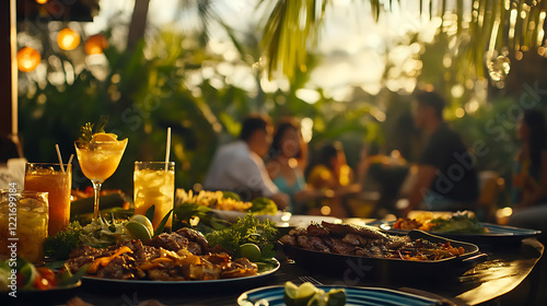 Thai meal served outdoors, featuring a variety of dishes like grilled meats, curries, and tropical drinks.  photo