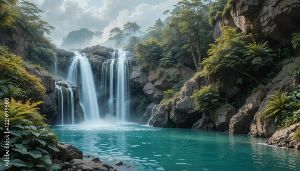 Fototapeta premium Serene Waterfall in Lush Tropical Paradise