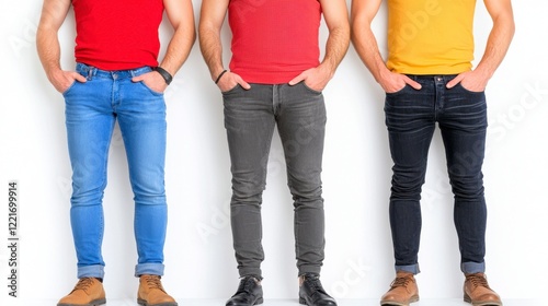 Three Men Showcasing Casual Outfit Combinations with Colorful T-Shirts and Stylish Footwear photo