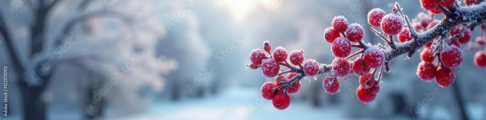 Icy viburnum branches covered in frozen red berries and hoarfrost, frosty mornings, snow covered trees, winter foliage Icy viburnum branches covered in frozen red berries and hoarfrost, frosty mornings, snow covered trees, winter foliage