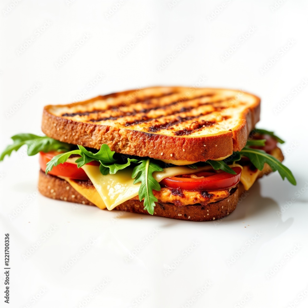 Delicious grilled chicken panini sandwich with melted cheese tomatoes, arugula. Healthy lunch option. Fresh ingredients in tasty meal. Isolated on white background perfect for food stock. Great for Delicious grilled chicken panini sandwich with melted cheese tomatoes, arugula. Healthy lunch option. Fresh ingredients in tasty meal. Isolated on white background perfect for food stock. Great for