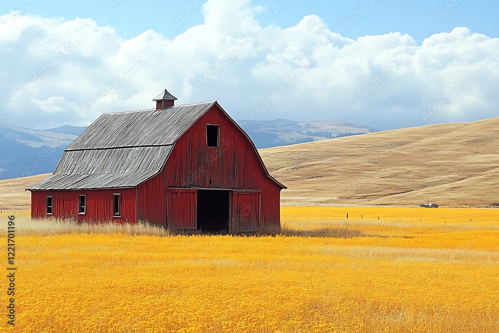 Red Barn in a Golden Field under a Cloudy Sky Red Barn in a Golden Field under a Cloudy Sky