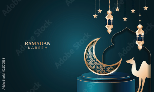 Modern luxury decorative islamic ramadan mubarak greetings with crescent moon, lantern, and camel.