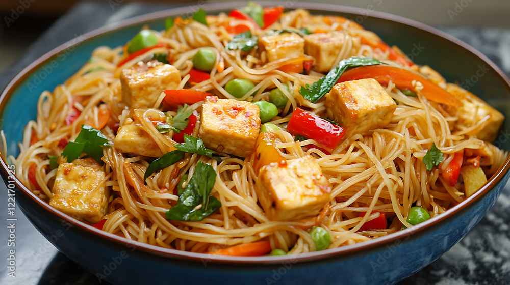 stir-fry with colorful vegetables and tofu, served in a large ceramic dish with a side of fresh chili sauce. stir-fry with colorful vegetables and tofu, served in a large ceramic dish with a side of fresh chili sauce.