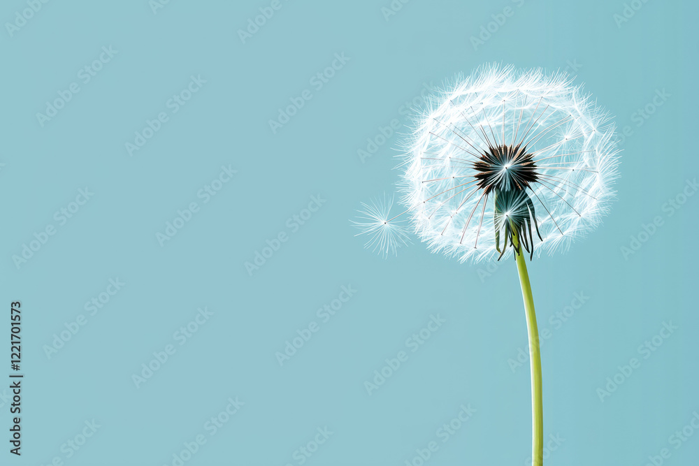 Fototapeta premium A single dandelion seed head blowing in breeze symbolizes spread of global peace and connection