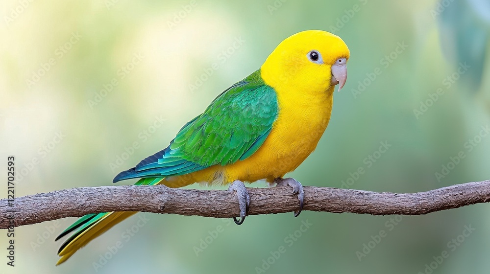 Colorful Parrot Sitting on Branch with Green Leaves in Soft Natural Light Colorful Parrot Sitting on Branch with Green Leaves in Soft Natural Light