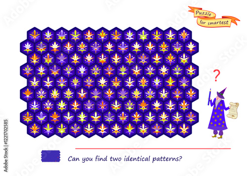 Logic puzzle for children and adults. Game Seek and Find. Can you find two identical patterns? Page for kids brain teaser book. Task for attentiveness.  IQ test. Play online. Flat vector illustration