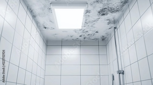 Mold growth on bathroom ceiling with white tiles and light fixture as risk for allergy