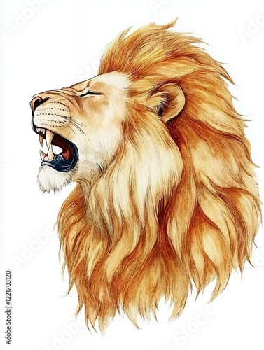 Majestic Lion Roaring With Vibrant Mane In Detailed Watercolor Illustration