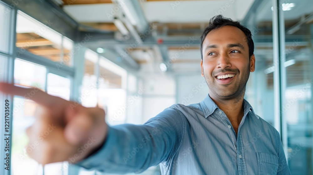 A corporate executive is animatedly discussing ideas with colleagues in a contemporary office space filled with natural light. The professional attire enhances the business atmosphere