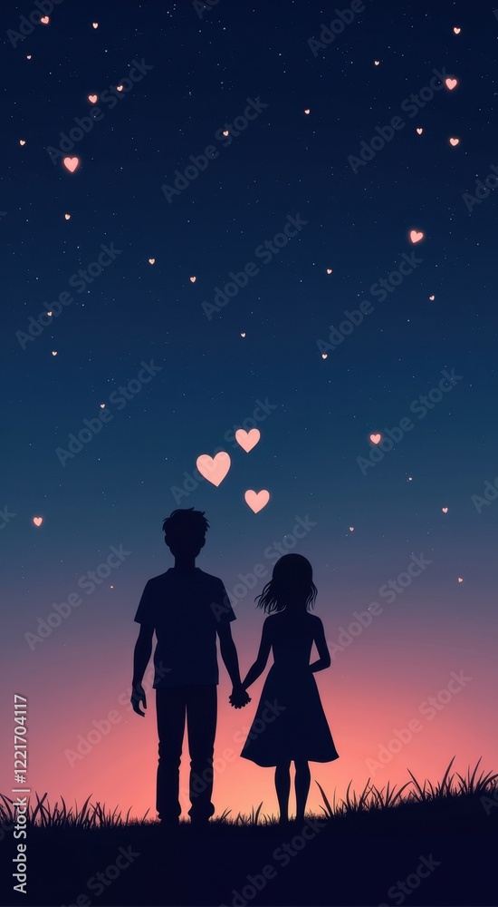Silhouette of a couple holding hands under a night sky with hearts Silhouette of a couple holding hands under a night sky with hearts