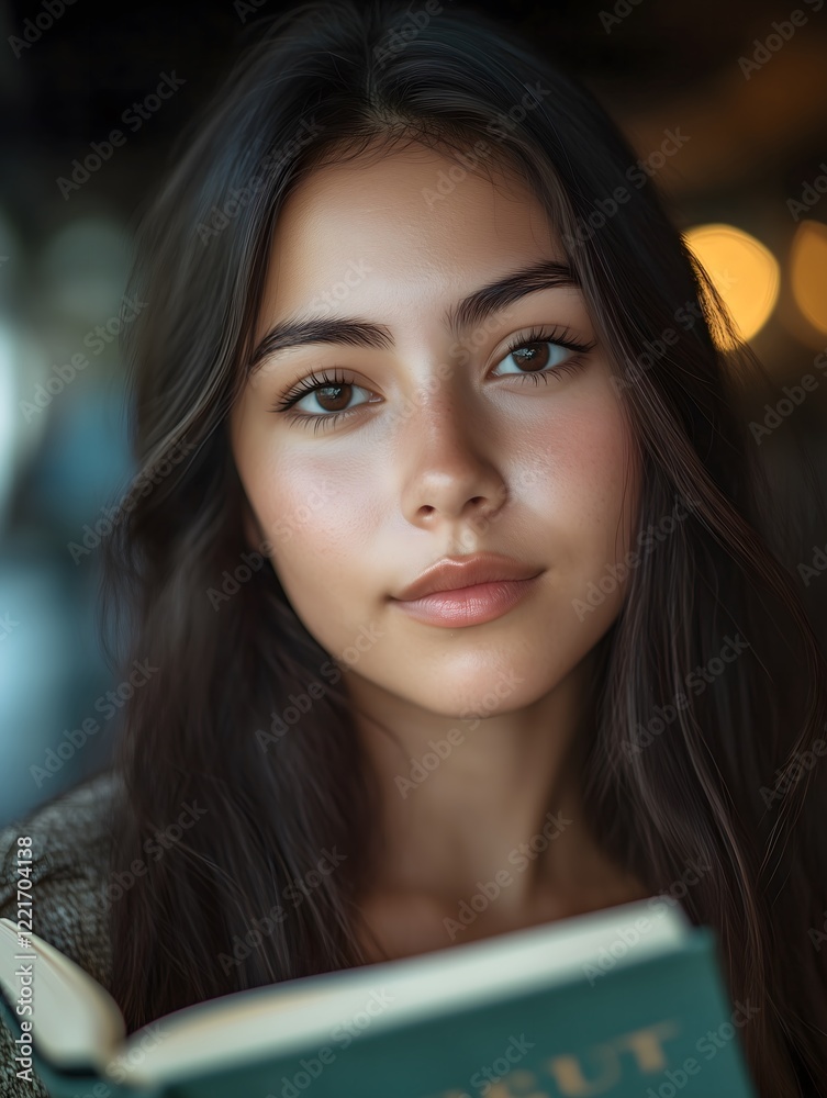 Close-up portrait of a young brown-haired woman with deep, expressive eyes looking towards the camera holding an open book, under soft natural light with a peaceful expression. Close-up portrait of a young brown-haired woman with deep, expressive eyes looking towards the camera holding an open book, under soft natural light with a peaceful expression.