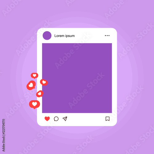 social media post frame mockup template. fly hearts in red speech bubbles social media likes background, feed post mock up. vector notifications, like, comment, share and save icons