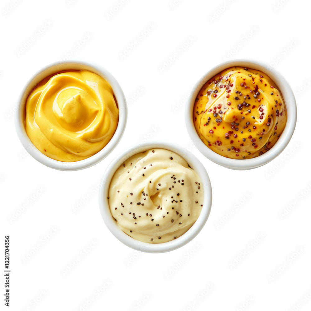 Three bowls of sauces isolated on transparent background for culinary use Three bowls of sauces isolated on transparent background for culinary use